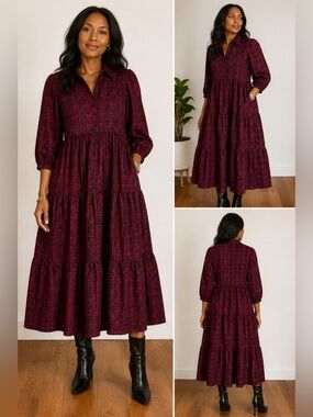 Victoria Dunn Red Plaid Long Sleeve Dress